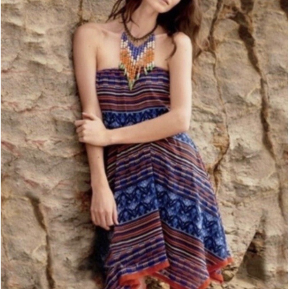 Anthropologie Maeve Urcos Handkerchief Strapless Dress Blue Orange Ikat Small